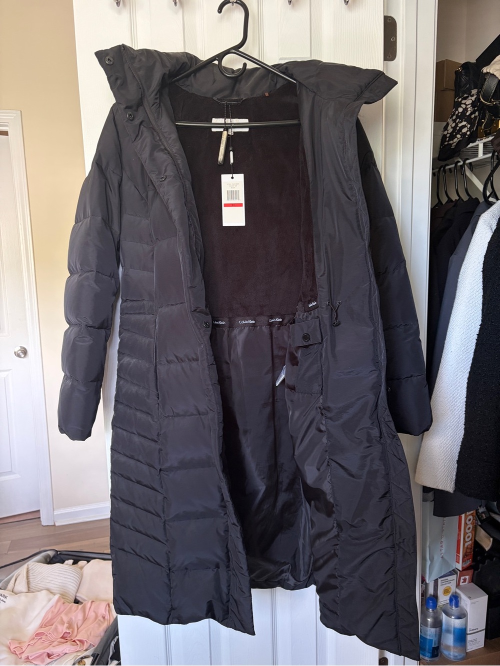 Calvin Klein Black Long puffer jacket with fur hoodie NWT XS
